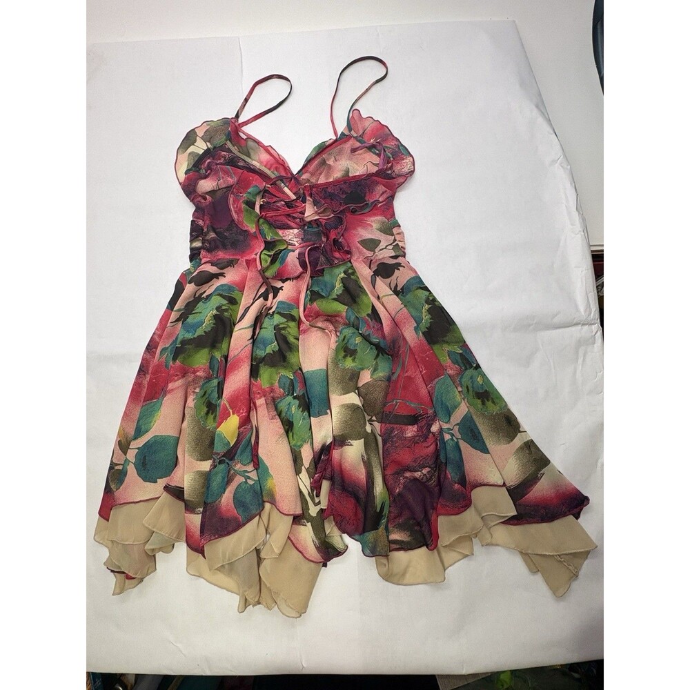 Ank & Co Dress Women L Pink Floral Ruffle Lace Up Handkerchief Hem Y2K